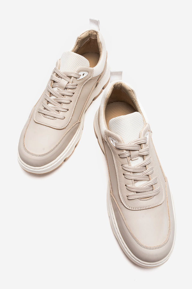 Erkek Hakiki Deri Bej Bağcıklı Kalın Tabanlı Sneaker Günlük Ayakkabı Romano