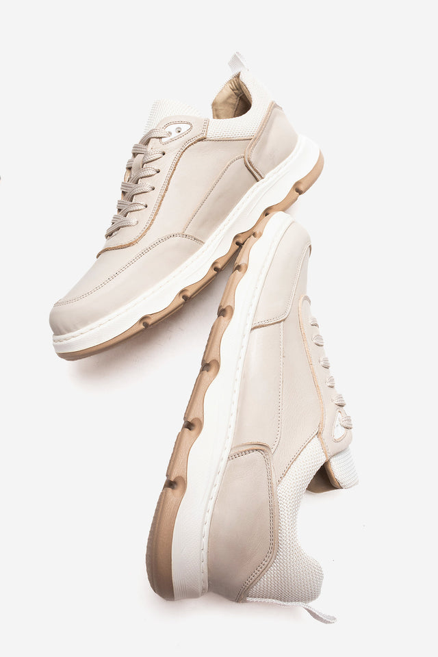 Erkek Hakiki Deri Bej Bağcıklı Kalın Tabanlı Sneaker Günlük Ayakkabı Romano