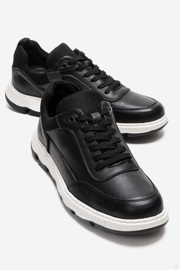 Erkek Hakiki Deri Siyah Bağcıklı Kalın Tabanlı Sneaker Günlük Ayakkabı Romano