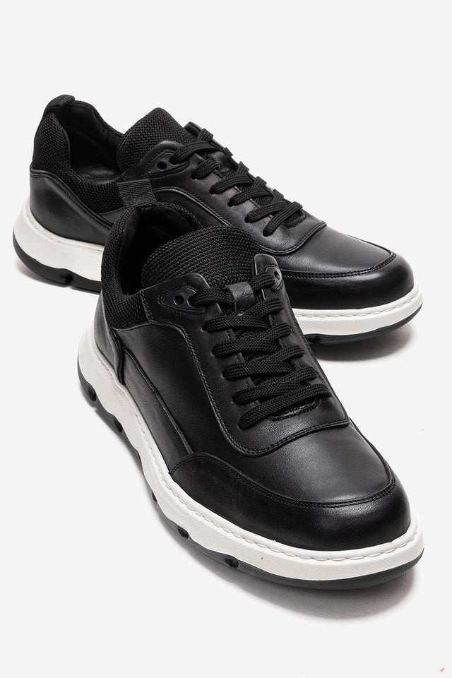 Erkek Hakiki Deri Siyah Bağcıklı Kalın Tabanlı Sneaker Günlük Ayakkabı Romano