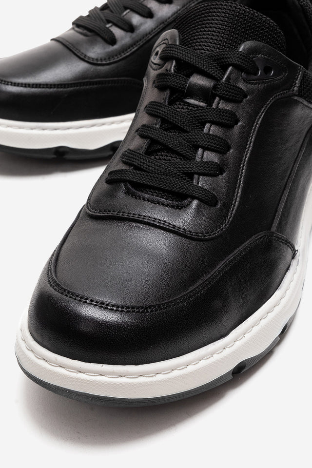Erkek Hakiki Deri Siyah Bağcıklı Kalın Tabanlı Sneaker Günlük Ayakkabı Romano