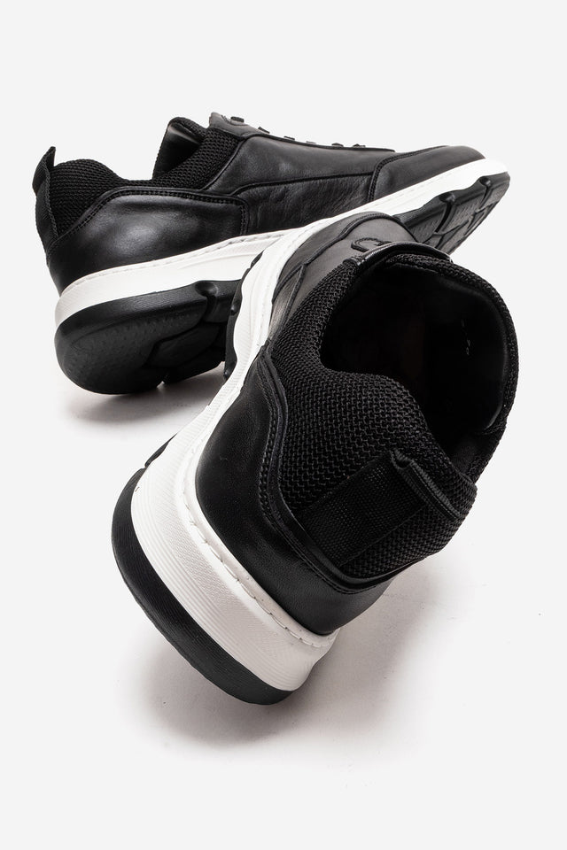 Erkek Hakiki Deri Siyah Bağcıklı Kalın Tabanlı Sneaker Günlük Ayakkabı Romano