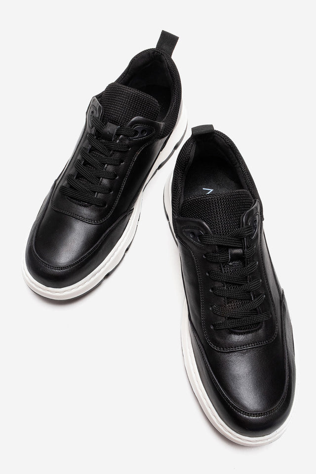 Erkek Hakiki Deri Siyah Bağcıklı Kalın Tabanlı Sneaker Günlük Ayakkabı Romano