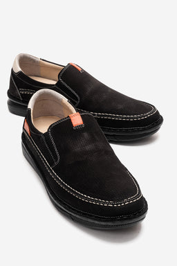 Erkek Hakiki Deri Siyah Nubuk Lastikli Kauçuk Tabanlı Loafer Ayakkabı Severo