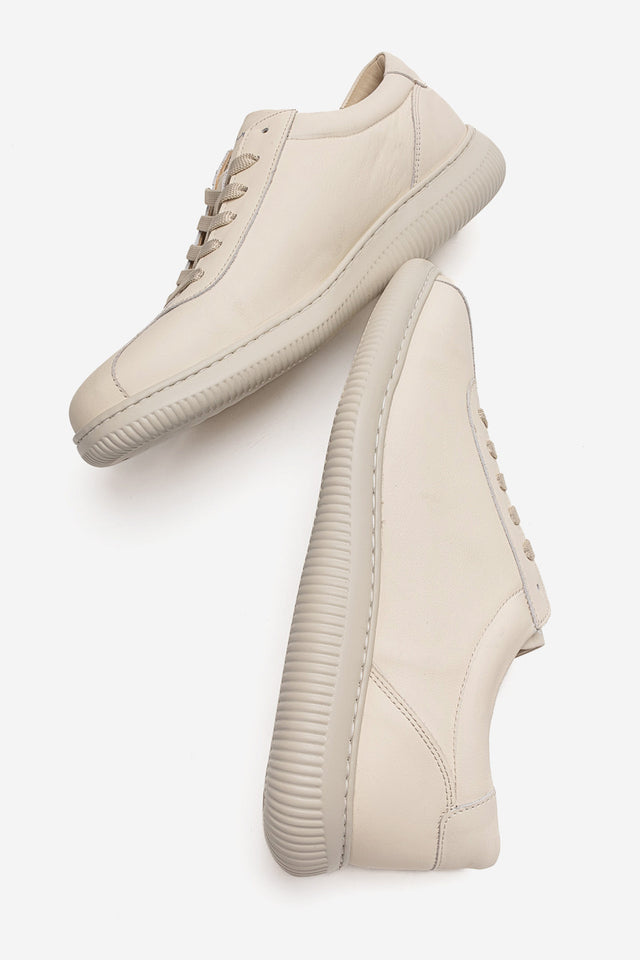 Erkek Hakiki Deri Krem Bağcıklı Kauçuk Tabanlı Sneaker Günlük Ayakkabı Tancredi