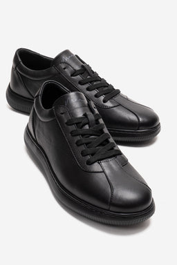 Erkek Hakiki Deri Siyah Bağcıklı Kauçuk Tabanlı Sneaker Günlük Ayakkabı Tancredi