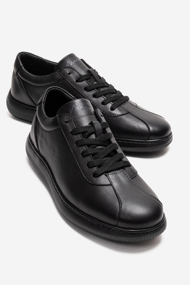 Erkek Hakiki Deri Siyah Bağcıklı Kauçuk Tabanlı Sneaker Günlük Ayakkabı Tancredi