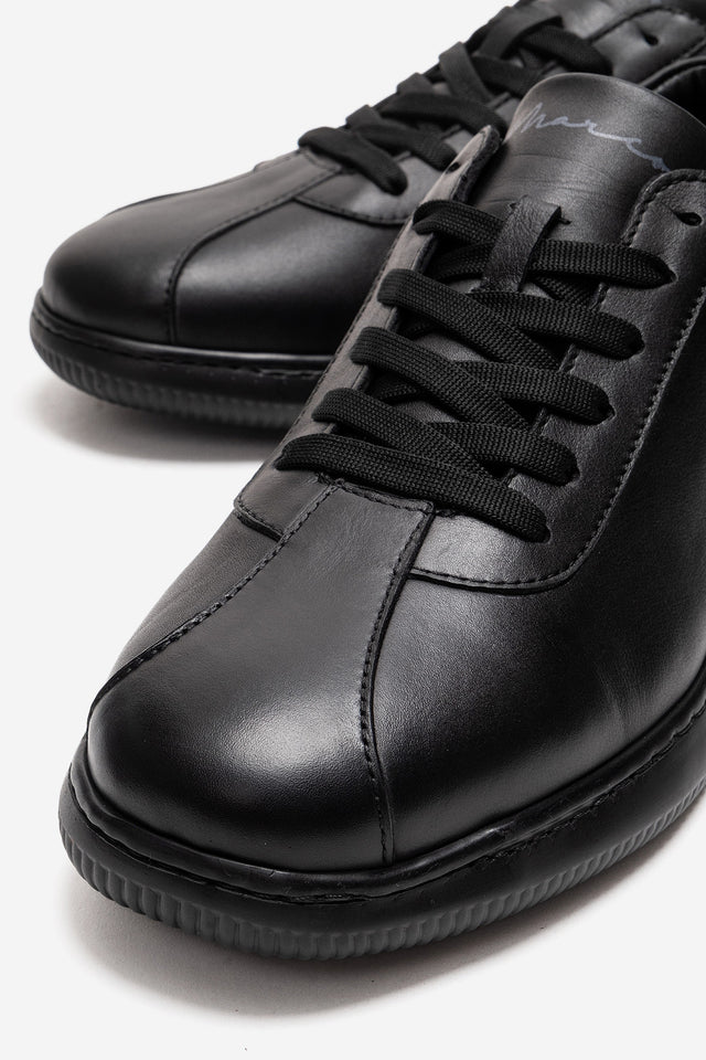 Erkek Hakiki Deri Siyah Bağcıklı Kauçuk Tabanlı Sneaker Günlük Ayakkabı Tancredi