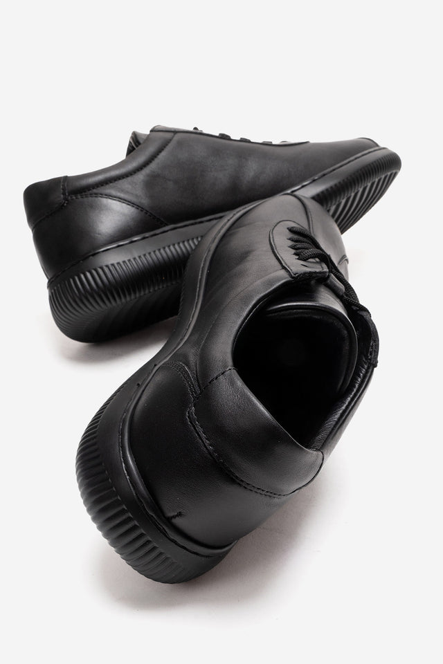 Erkek Hakiki Deri Siyah Bağcıklı Kauçuk Tabanlı Sneaker Günlük Ayakkabı Tancredi