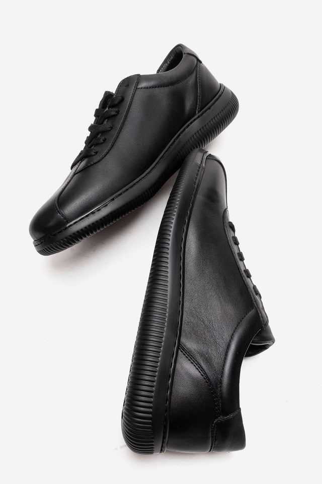 Erkek Hakiki Deri Siyah Bağcıklı Kauçuk Tabanlı Sneaker Günlük Ayakkabı Tancredi