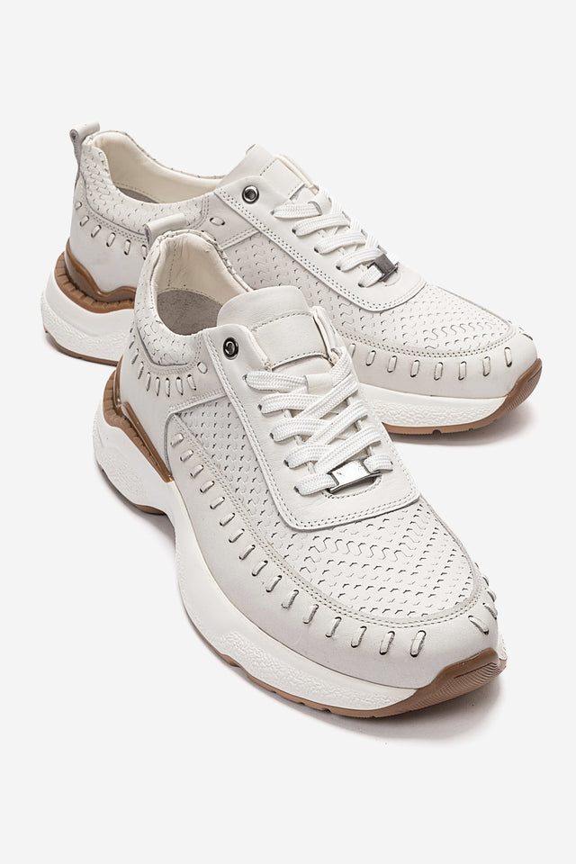 Erkek Hakiki Deri Beyaz Lazer Kesim Hafif Tabanlı Sneaker Teodoro