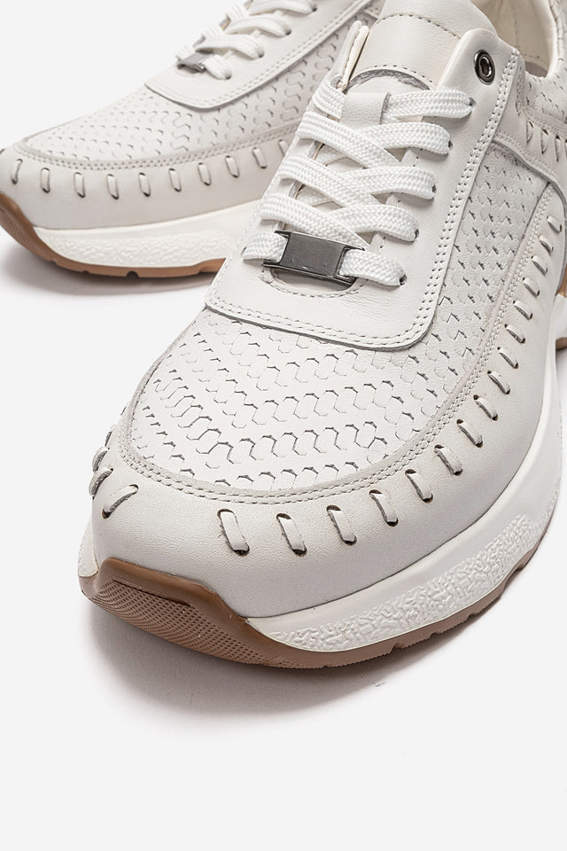 Erkek Hakiki Deri Beyaz Lazer Kesim Hafif Tabanlı Sneaker Teodoro