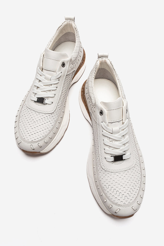 Erkek Hakiki Deri Beyaz Lazer Kesim Hafif Tabanlı Sneaker Teodoro