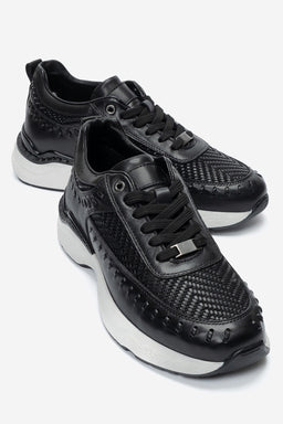 Erkek Hakiki Deri Siyah Lazer Kesim Hafif Tabanlı Sneaker Teodoro