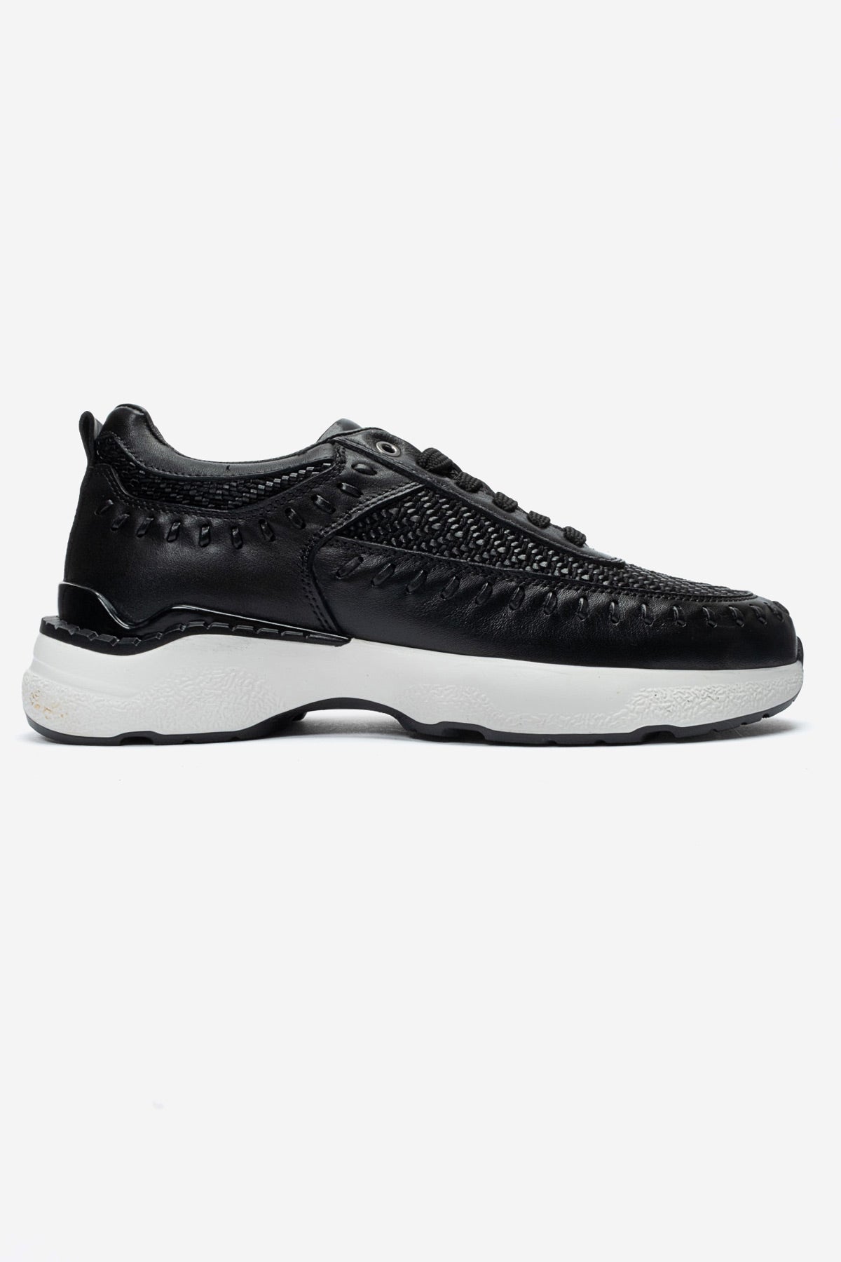 Erkek Hakiki Deri Siyah Lazer Kesim Hafif Tabanlı Sneaker Teodoro