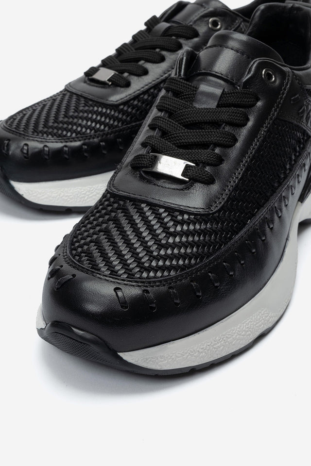 Erkek Hakiki Deri Siyah Lazer Kesim Hafif Tabanlı Sneaker Teodoro