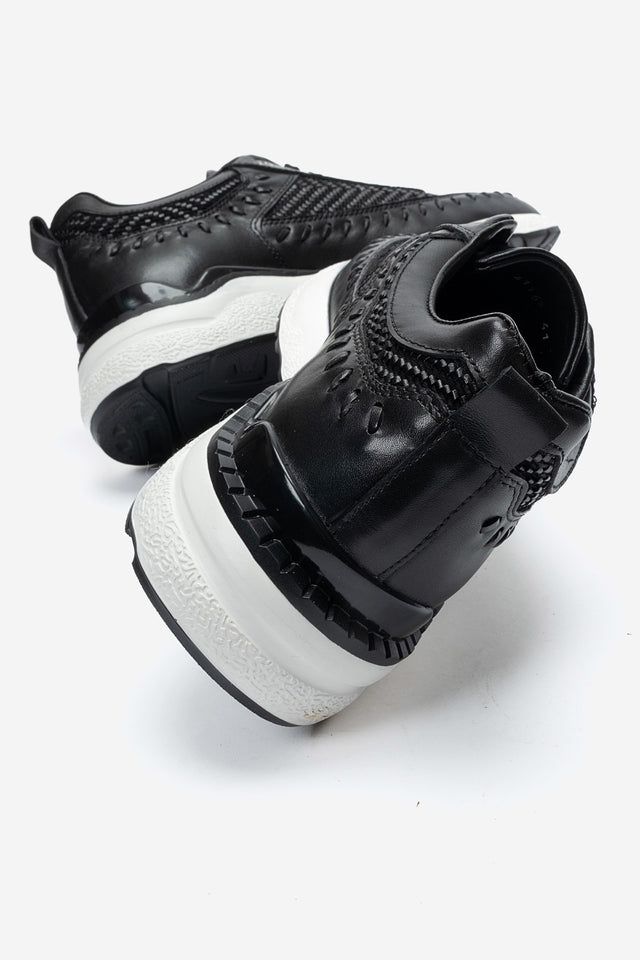 Erkek Hakiki Deri Siyah Lazer Kesim Hafif Tabanlı Sneaker Teodoro