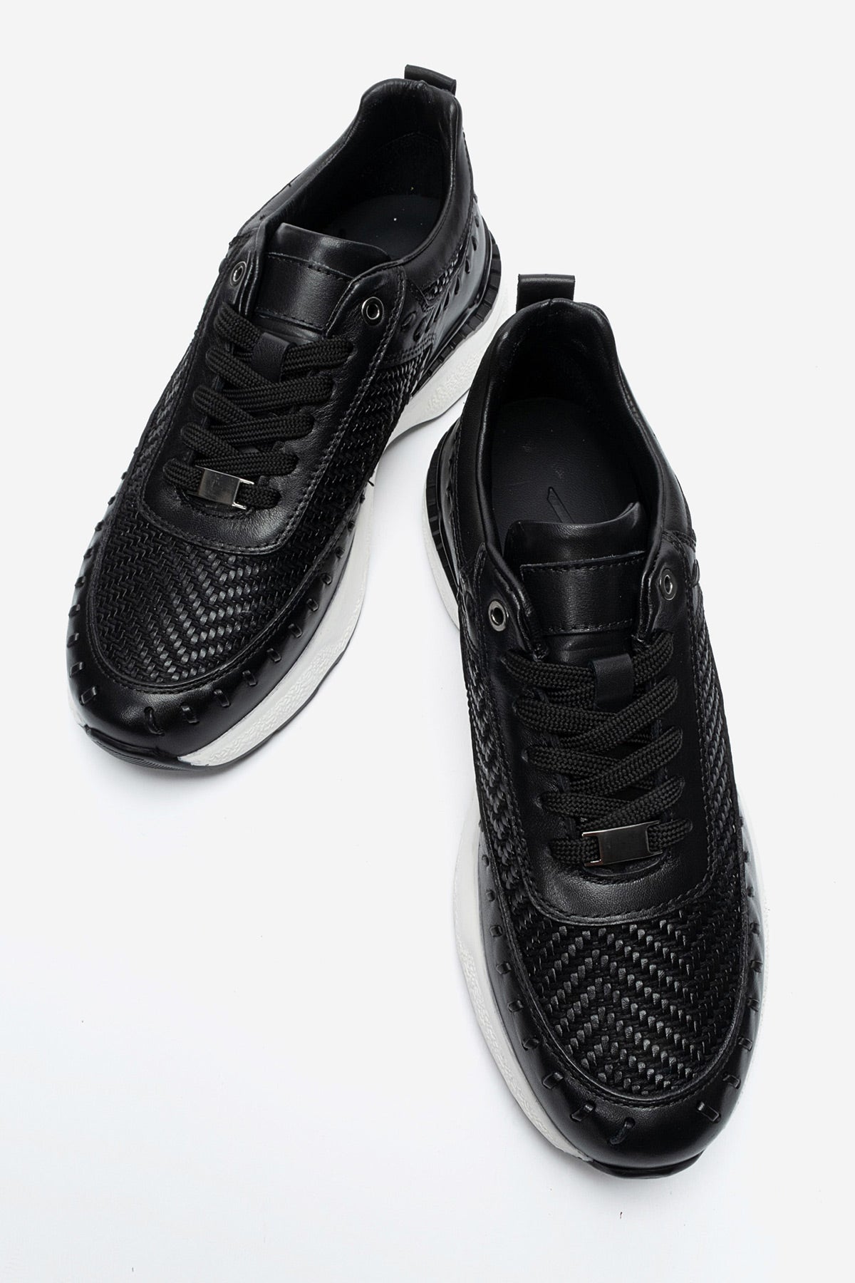 Erkek Hakiki Deri Siyah Lazer Kesim Hafif Tabanlı Sneaker Teodoro