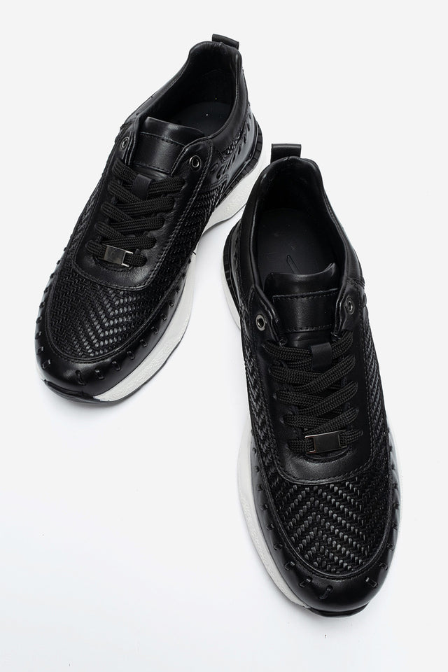 Erkek Hakiki Deri Siyah Lazer Kesim Hafif Tabanlı Sneaker Teodoro