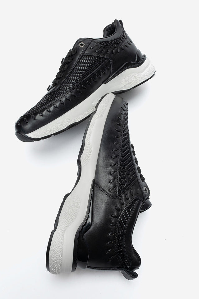 Erkek Hakiki Deri Siyah Lazer Kesim Hafif Tabanlı Sneaker Teodoro