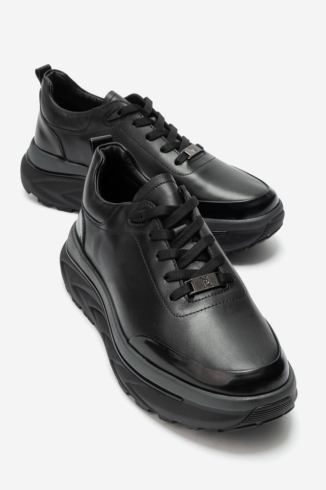 Erkek Hakiki Deri Siyah Bağcıklı Yüksek Kauçuk Tabanlı Sneaker Tullio