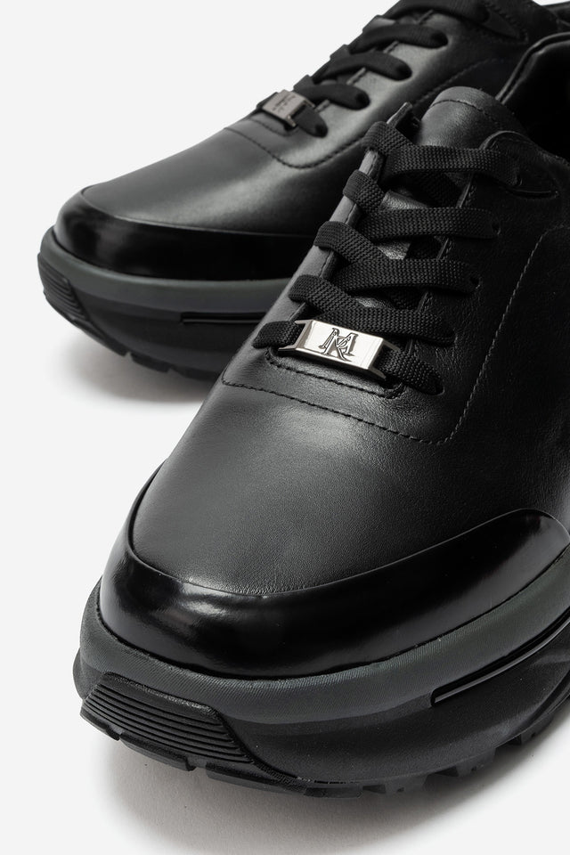 Erkek Hakiki Deri Siyah Bağcıklı Yüksek Kauçuk Tabanlı Sneaker Tullio