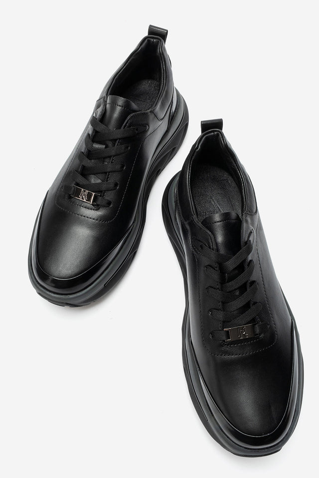 Erkek Hakiki Deri Siyah Bağcıklı Yüksek Kauçuk Tabanlı Sneaker Tullio