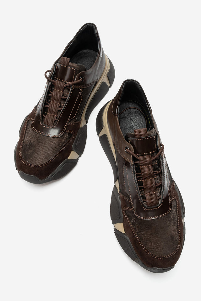 Erkek Hakiki Deri Kahve Bağcıklı Kalın Tabanlı Hafif Sneaker Ubaldo