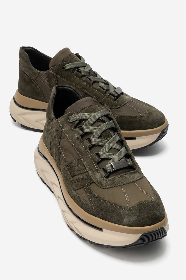 Erkek Hakiki Deri Haki Süet Bağcıklı Kalın Kauçuk Tabanlı Sneaker Ugo