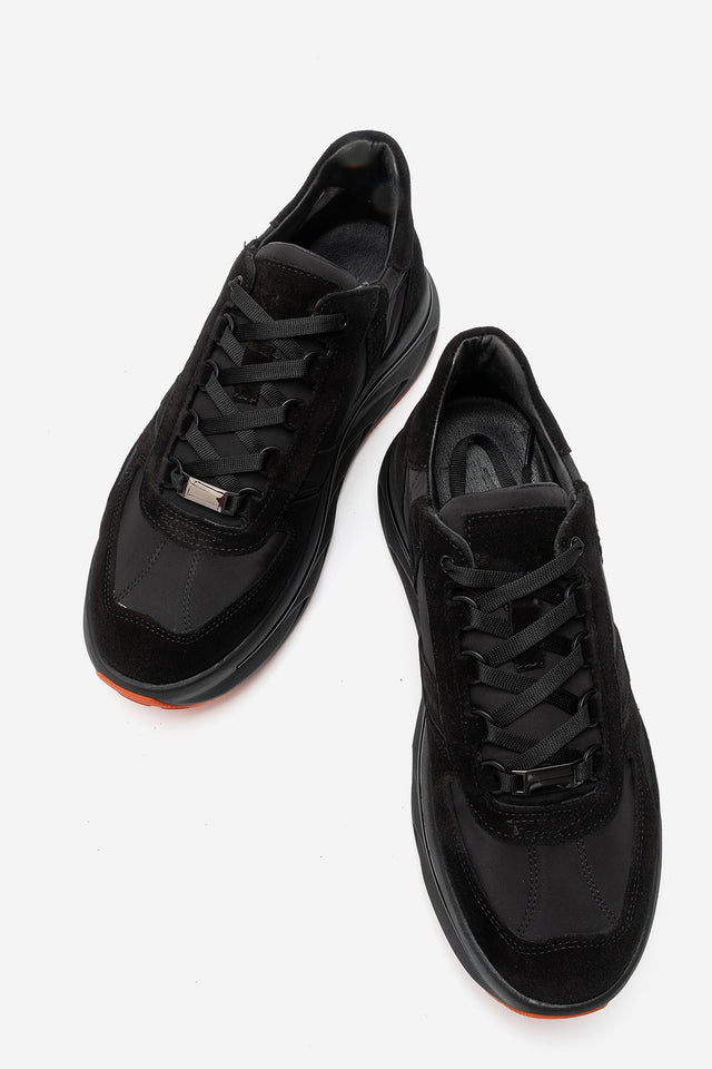 Erkek Hakiki Deri Siyah Süet Bağcıklı Kalın Kauçuk Tabanlı Sneaker Ugo