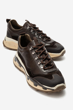 Erkek Hakiki Deri Kahve Bağcıklı Dişli Kaymaz Tabanlı Sneaker Umberto