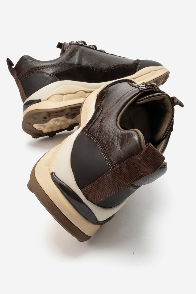 Erkek Hakiki Deri Kahve Bağcıklı Dişli Kaymaz Tabanlı Sneaker Umberto