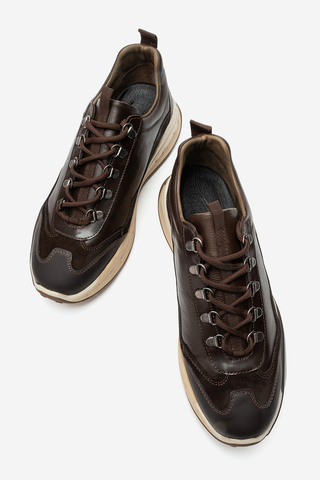 Erkek Hakiki Deri Kahve Bağcıklı Dişli Kaymaz Tabanlı Sneaker Umberto