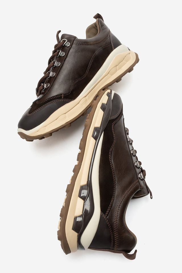 Erkek Hakiki Deri Kahve Bağcıklı Dişli Kaymaz Tabanlı Sneaker Umberto