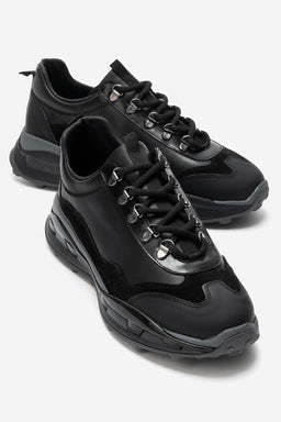 Erkek Hakiki Deri Siyah Bağcıklı Dişli Kaymaz Tabanlı Sneaker Umberto