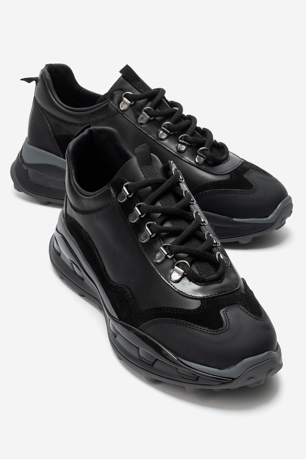 Erkek Hakiki Deri Siyah Bağcıklı Dişli Kaymaz Tabanlı Sneaker Umberto