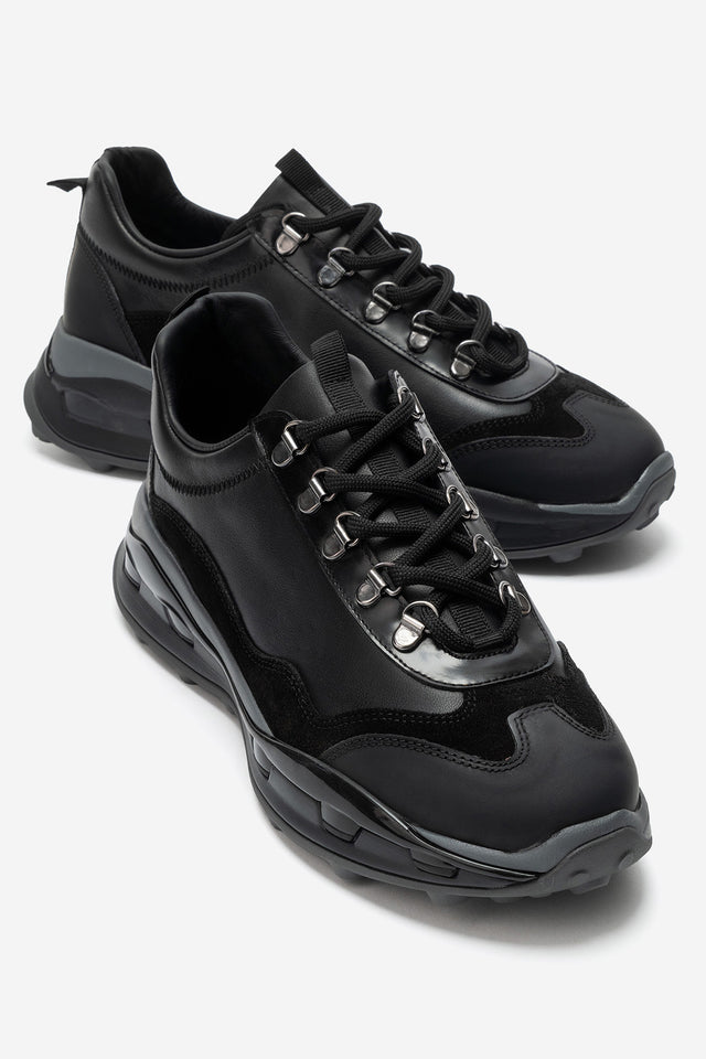 Erkek Hakiki Deri Siyah Bağcıklı Dişli Kaymaz Tabanlı Sneaker Umberto