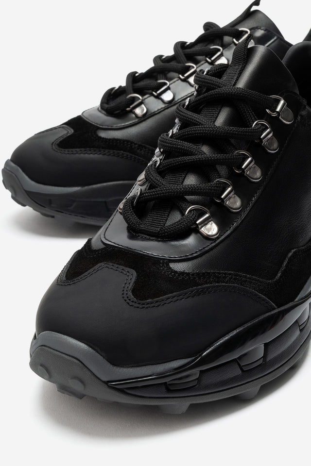 Erkek Hakiki Deri Siyah Bağcıklı Dişli Kaymaz Tabanlı Sneaker Umberto