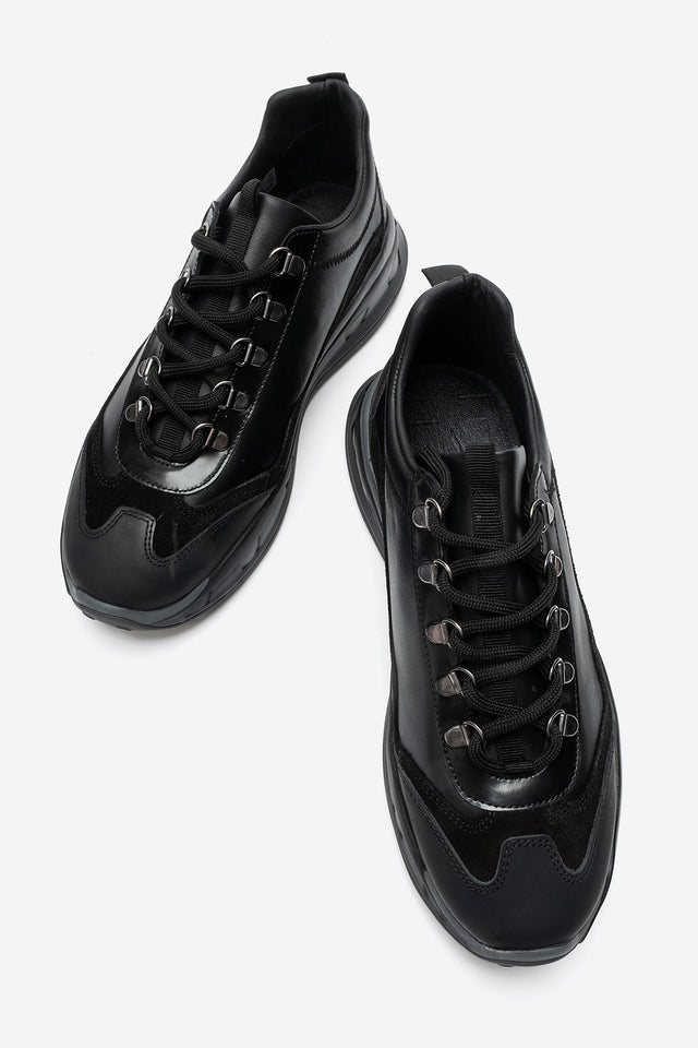 Erkek Hakiki Deri Siyah Bağcıklı Dişli Kaymaz Tabanlı Sneaker Umberto