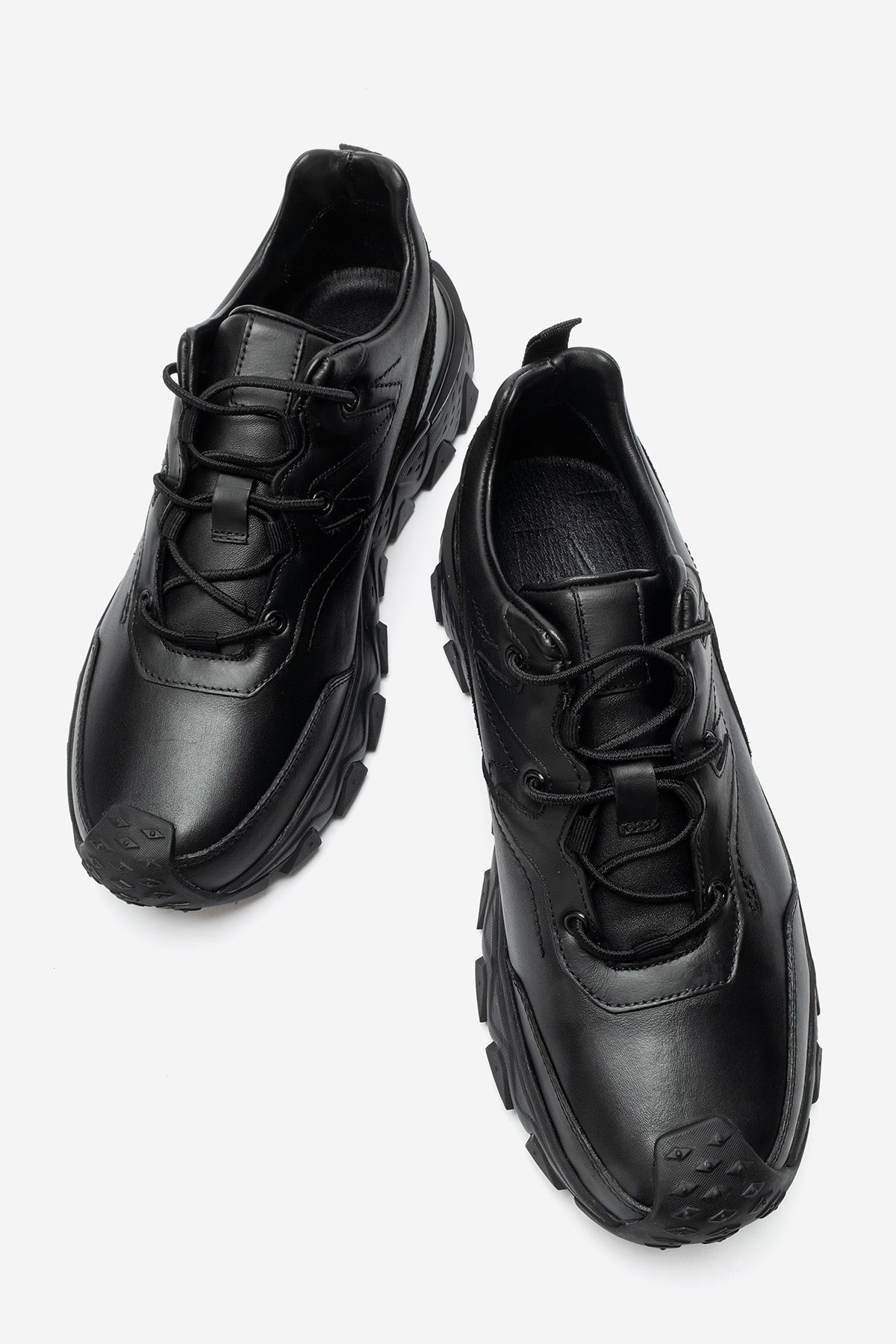 Erkek Hakiki Deri Siyah Bağcıklı Tırtıklı Kalın Tabanlı Sneaker Günlük Ayakkabı Vicente