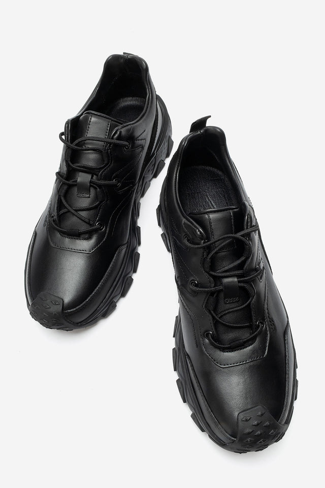 Erkek Hakiki Deri Siyah Bağcıklı Tırtıklı Kalın Tabanlı Sneaker Günlük Ayakkabı Vicente