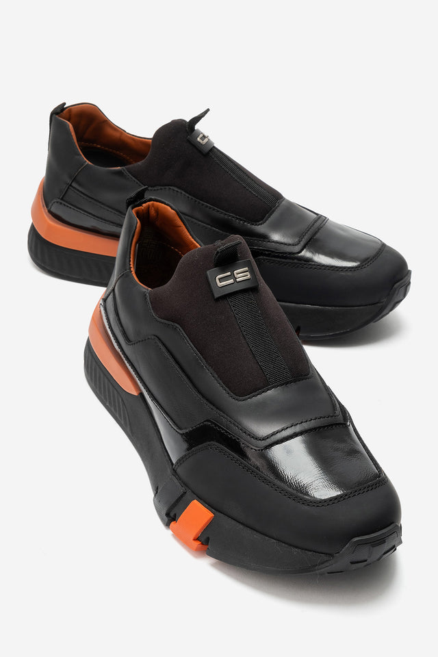 Erkek Hakiki Deri Siyah Bağcıksız Kalın Kauçuk Tabanlı Sneaker Victor