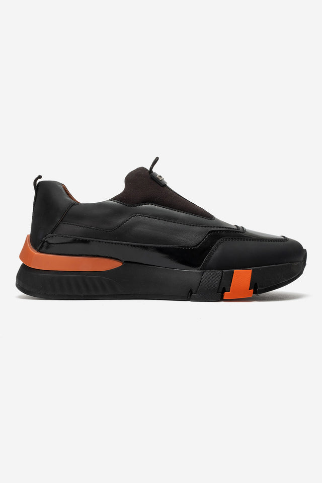 Erkek Hakiki Deri Siyah Bağcıksız Kalın Kauçuk Tabanlı Sneaker Victor