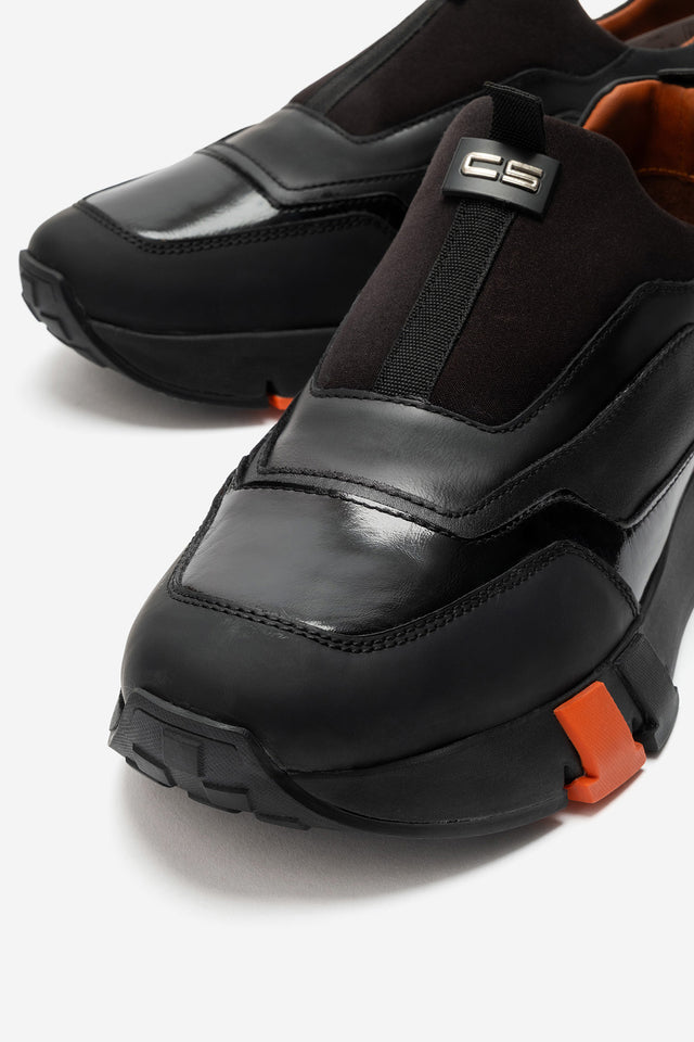 Erkek Hakiki Deri Siyah Bağcıksız Kalın Kauçuk Tabanlı Sneaker Victor