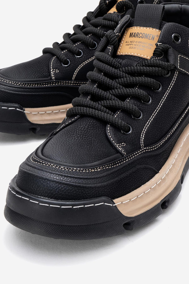 Erkek Hakiki Deri Siyah Bağcıklı Dişli Kauçuk Tabanlı Sneaker Taddeo
