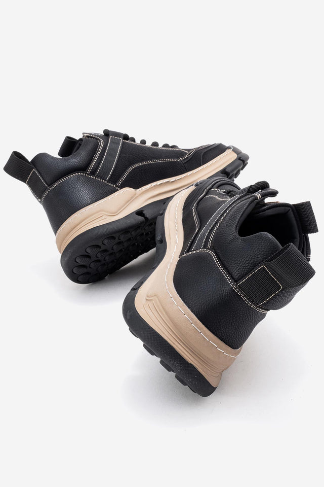 Erkek Hakiki Deri Siyah Bağcıklı Dişli Kauçuk Tabanlı Sneaker Taddeo