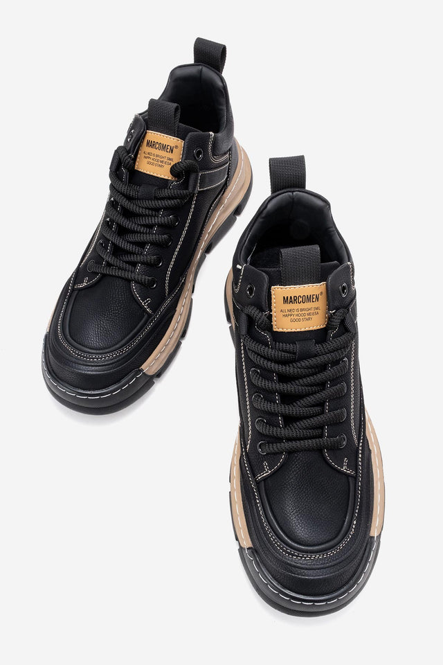 Erkek Hakiki Deri Siyah Bağcıklı Dişli Kauçuk Tabanlı Sneaker Taddeo