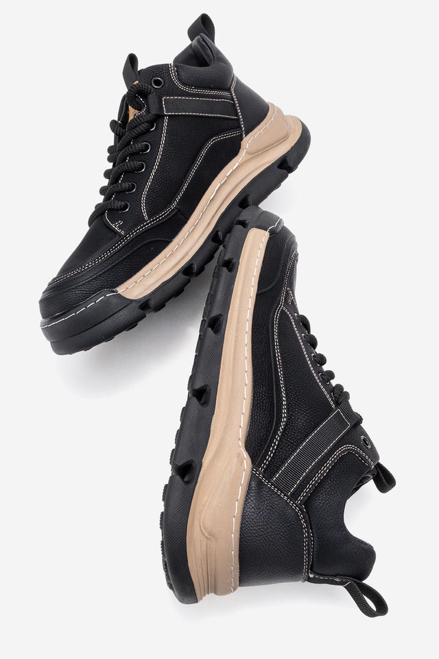 Erkek Hakiki Deri Siyah Bağcıklı Dişli Kauçuk Tabanlı Sneaker Taddeo