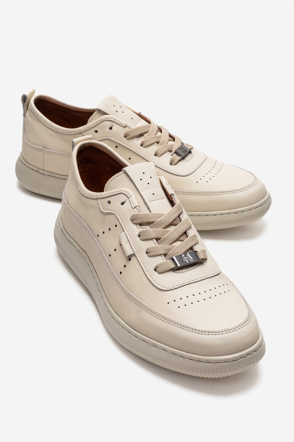 Erkek Hakiki Deri Krem Perfore Bağcıklı Kalın Tabanlı Sneaker Tiberio