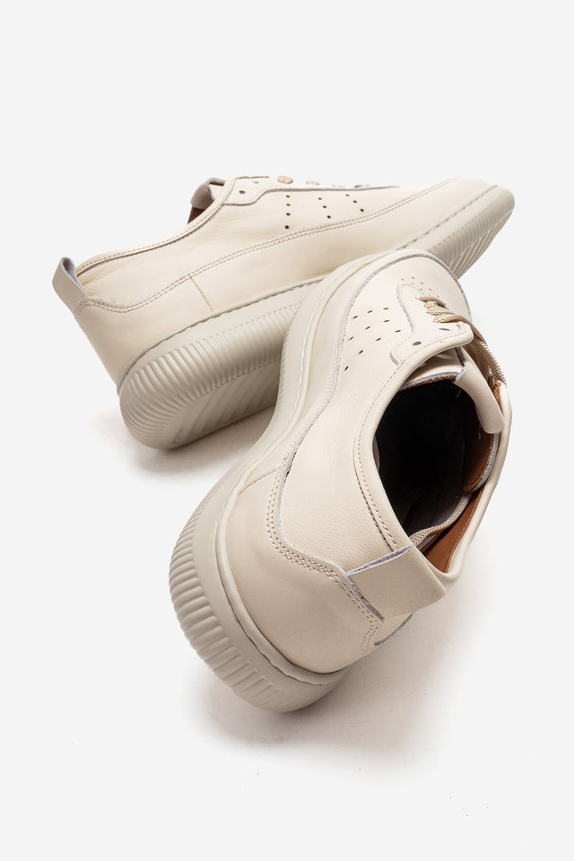 Erkek Hakiki Deri Krem Perfore Bağcıklı Kalın Tabanlı Sneaker Tiberio